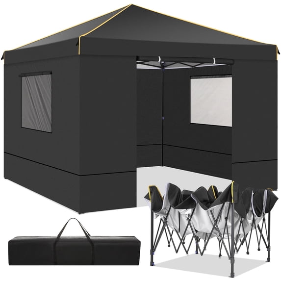 COBIZI 10' x 10' Pop up Canopy Tent with 4 Removable Sidewalls, Outdoor Patio Gazebo Tent with Handbag for Camping, Black