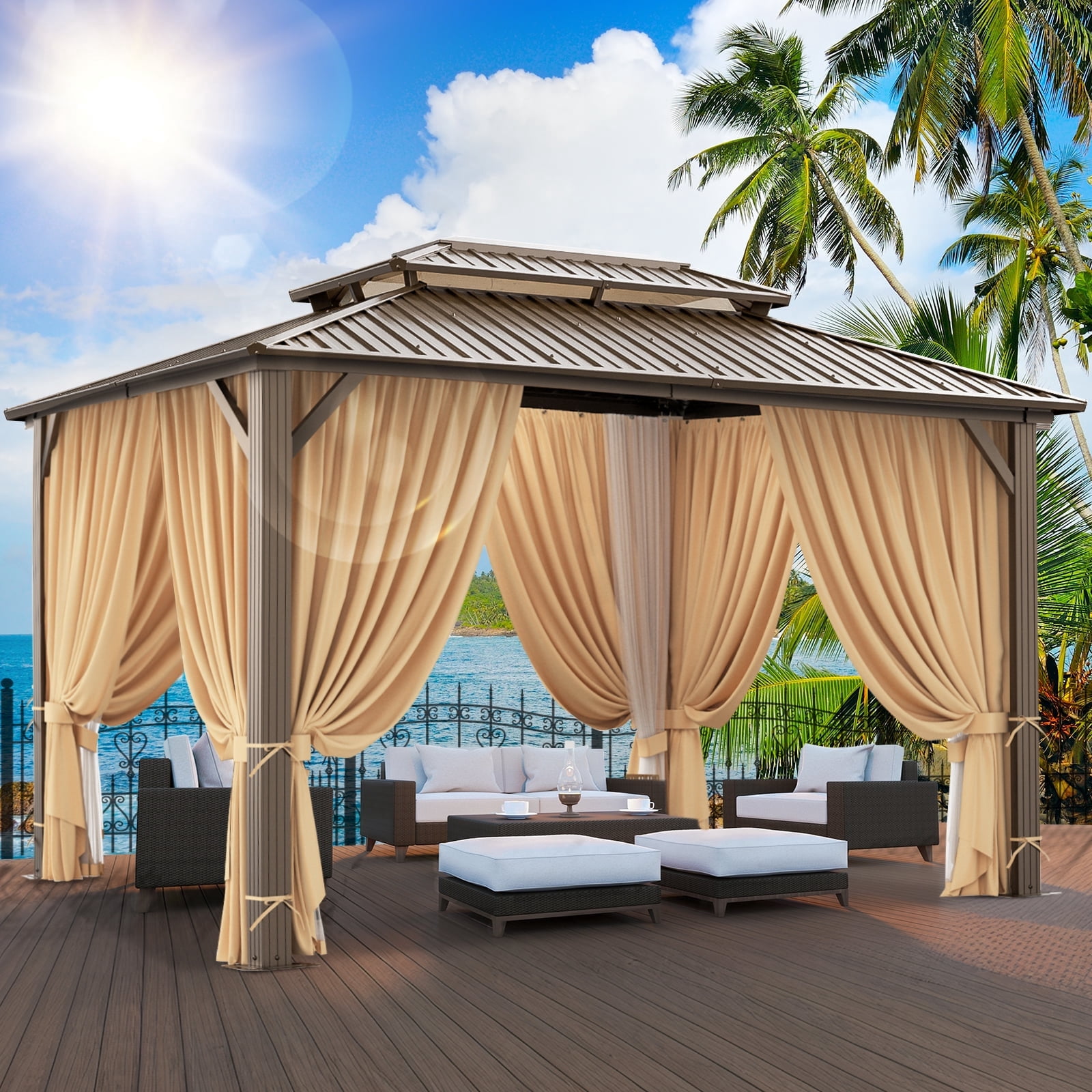 SANOPY 10'x12' Hardtop Gazebo, Outdoor Patio Aluminum Frame Permanent Gazebo with Galvanized Steel Roof for Backyard, Deck, Lawns, Brown