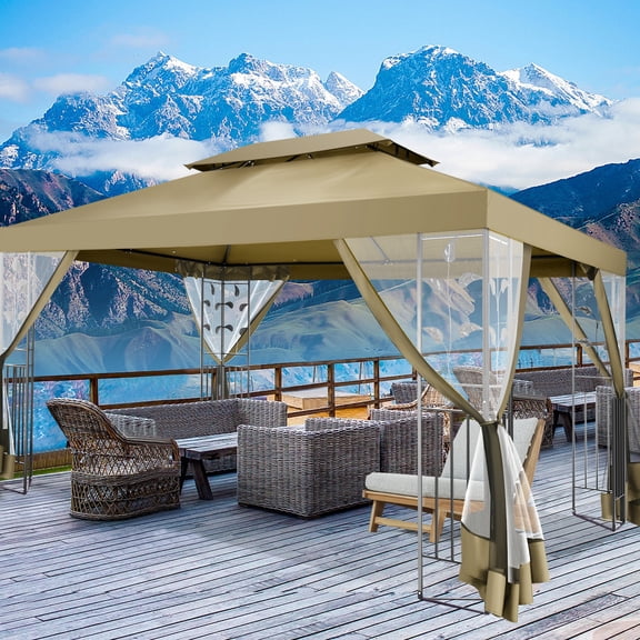 SANOPY 10' x 13' Outdoor Gazebo Canopy with 4 Detachable Mosquito Nets, UV and Rainproof Gazebo Patio Easy to Assemble with Double Eaves, Top Drainage Hole Design, Suit for Terrace, Lawn, Garden