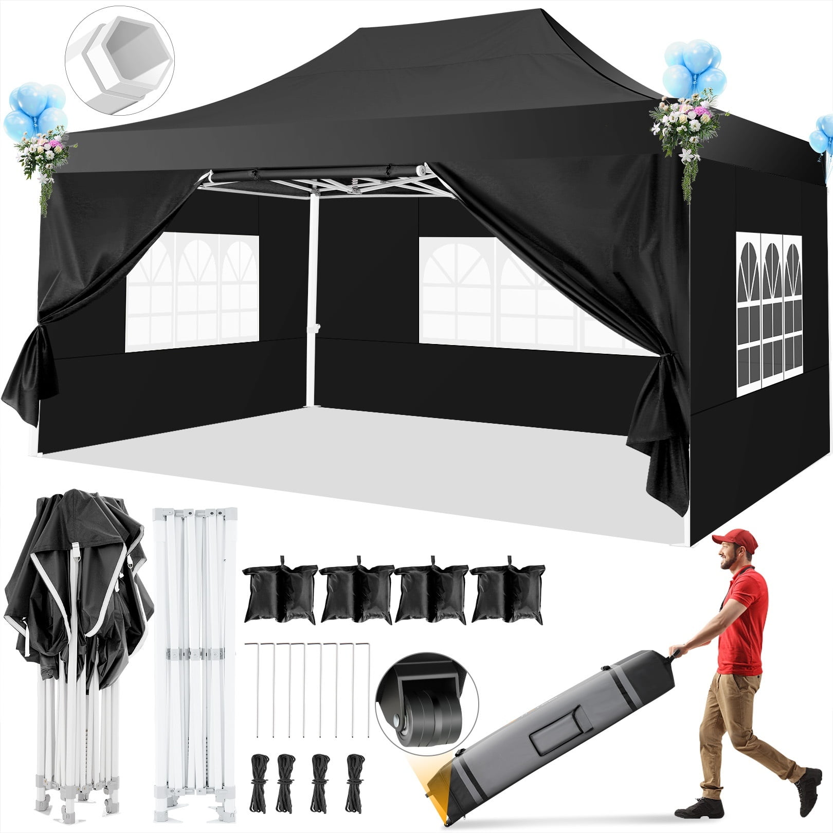 Heavy Duty Black 10' x 15' Pop-Up Canopy Tent with Sidewalls