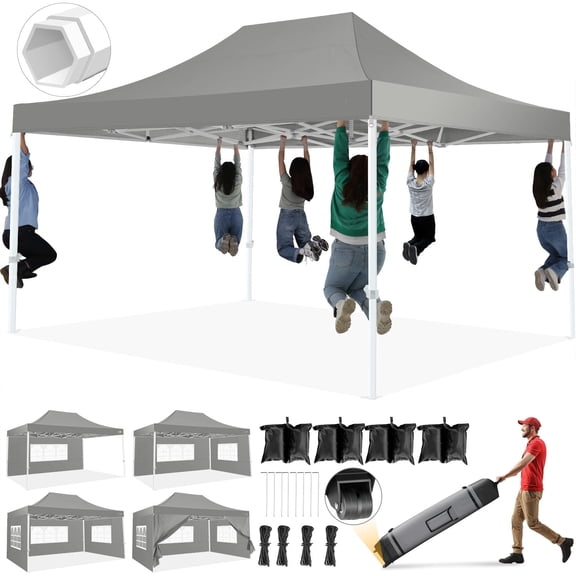 SANOPY 10' x 15' Heavy Duty Pop up Canopy with 4 Removable Sidewalls, Instant Commercial Tent for Party, Portable Gazebo with Sangbags, Roller Bag, Gray