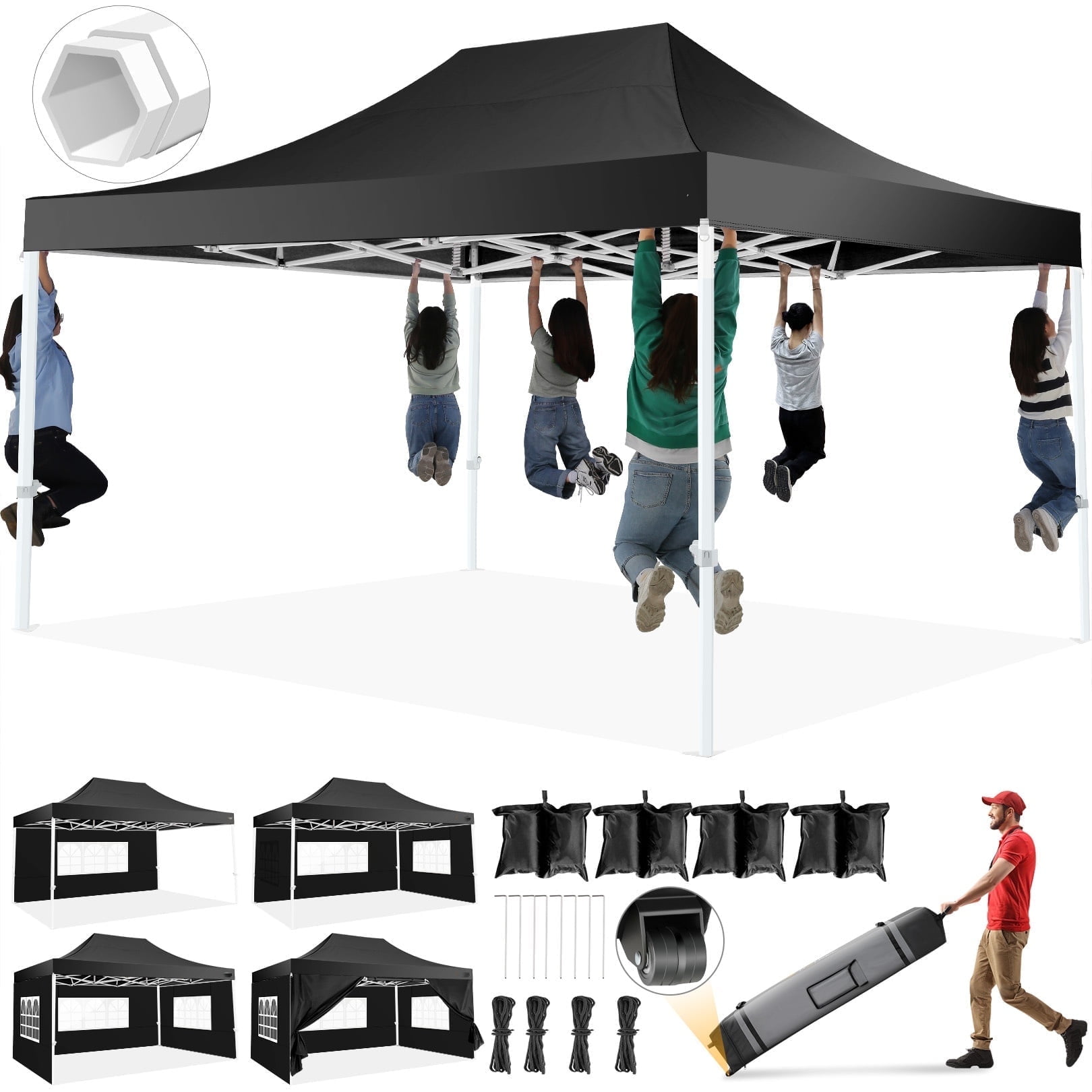 Heavy Duty Black 10' x 15' Pop-Up Canopy Tent with Sidewalls