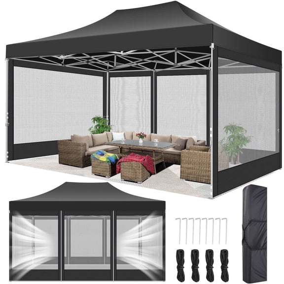 SANOPY 10x15 Heavy Duty Pop up Canopy with 4 Mosquito Net Sidewalls, Easy to Set up Temporary Shelter for Party, Backyard Event, Camping, and Beach Trip with a Handbag, Black