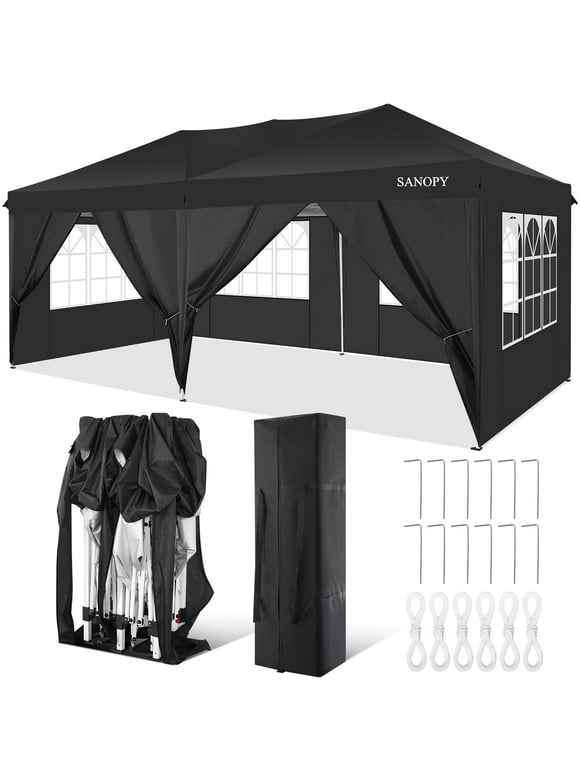 SANOPY 10' x 20' EZ Pop Up Canopy Tent Party Tent Outdoor Event Instant Tent Gazebo with 6 Removable Sidewalls and Carry Bag, Black
