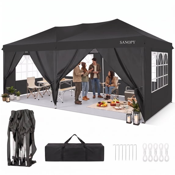 SANOPY 10' x 20' EZ Pop Up Canopy Tent Party Tent Outdoor Event Instant Tent Gazebo with 6 Removable Sidewalls and Carry Bag, Black