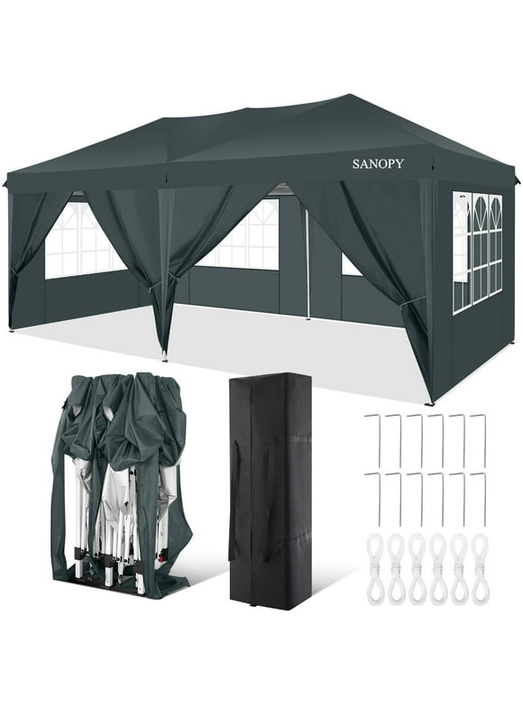 SANOPY 10' x 20' EZ Pop Up Canopy Tent Party Tent Outdoor Event Instant Tent Gazebo with 6 Removable Sidewalls and Carry Bag, Dark Gray