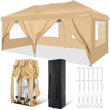 SANOPY 10' x 20' EZ Pop Up Canopy Tent Party Tent Outdoor Event Instant Tent Gazebo with 6 Removable Sidewalls and Carry Bag, Khaki