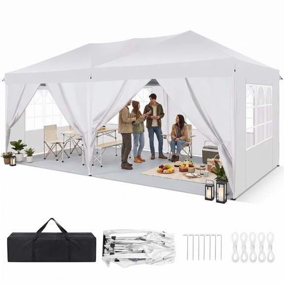 SANOPY 10' x 20' EZ Pop Up Canopy Tent Party Tent Outdoor Event Instant Tent Gazebo with 6 Removable Sidewalls and Carry Bag, White