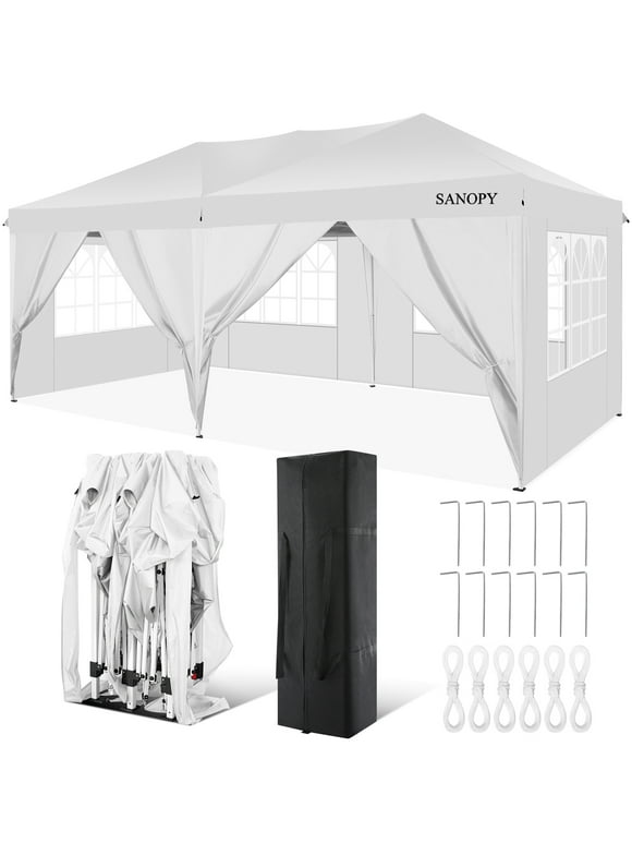 SANOPY 10' x 20' EZ Pop Up Canopy Tent Party Tent Outdoor Event Instant Tent Gazebo with 6 Removable Sidewalls and Carry Bag, White