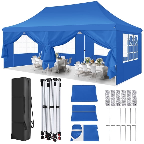SANOPY 10' x 20' EZ Pop up Canopy Party Tent, Outdoor Event Instant Gazebo with 6 Removable Sidewalls for Camping Wedding Picnic, Blue