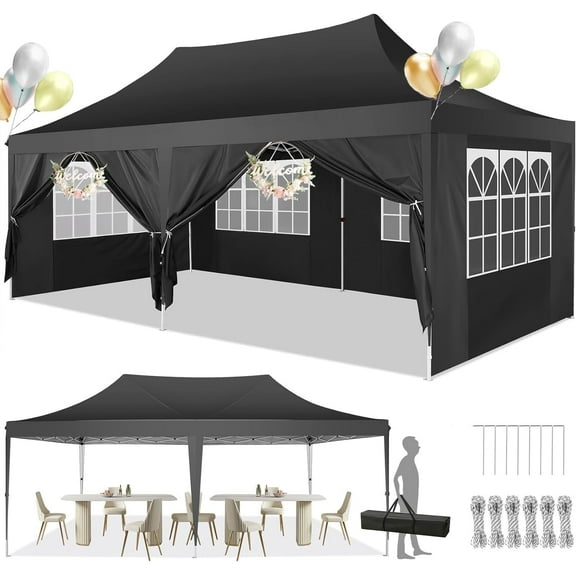 SANOPY 10'x20' Pop up Canopy with 6 Removable Sidewalls Outdoor Commercial Portable Canopy Tent EZ Pop up Canopy Wedding Tent Camping Gazebo Canopy Instant Event Gazebo, Black
