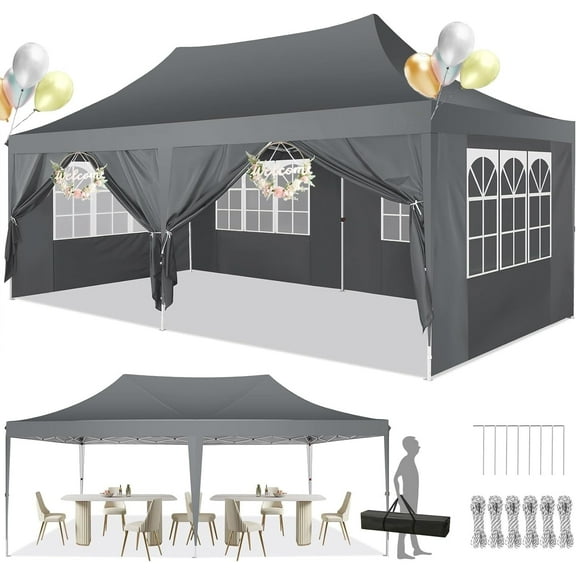 SANOPY 10'x20' Pop up Canopy with 6 Removable Sidewalls Outdoor Commercial Portable Canopy Tent EZ Pop up Canopy Wedding Tent Camping Gazebo Canopy Instant Event Gazebo, Gray