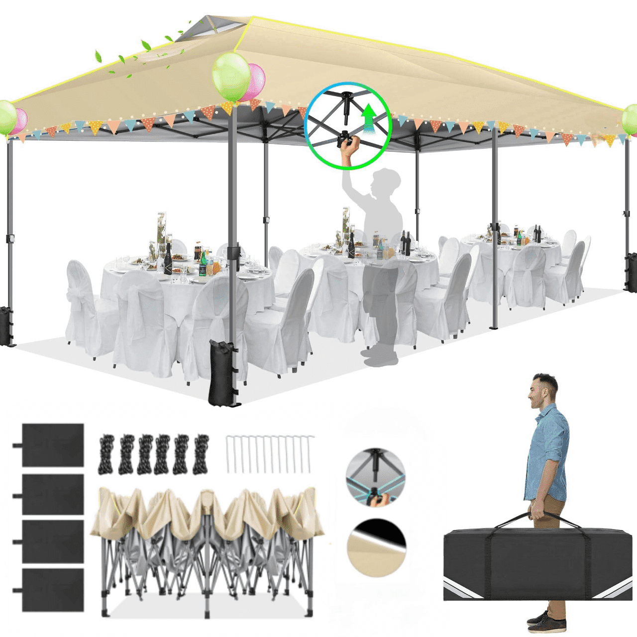 SANOPY 10' x 20' Outdoor Canopy Party Tent EZ Pop Up Canopy Commercial Instant Canopies Gazebo with Air Vent, 8 Stakes & 4 Ropes & 4 Sandbags for Beach Wedding Picnics Camping