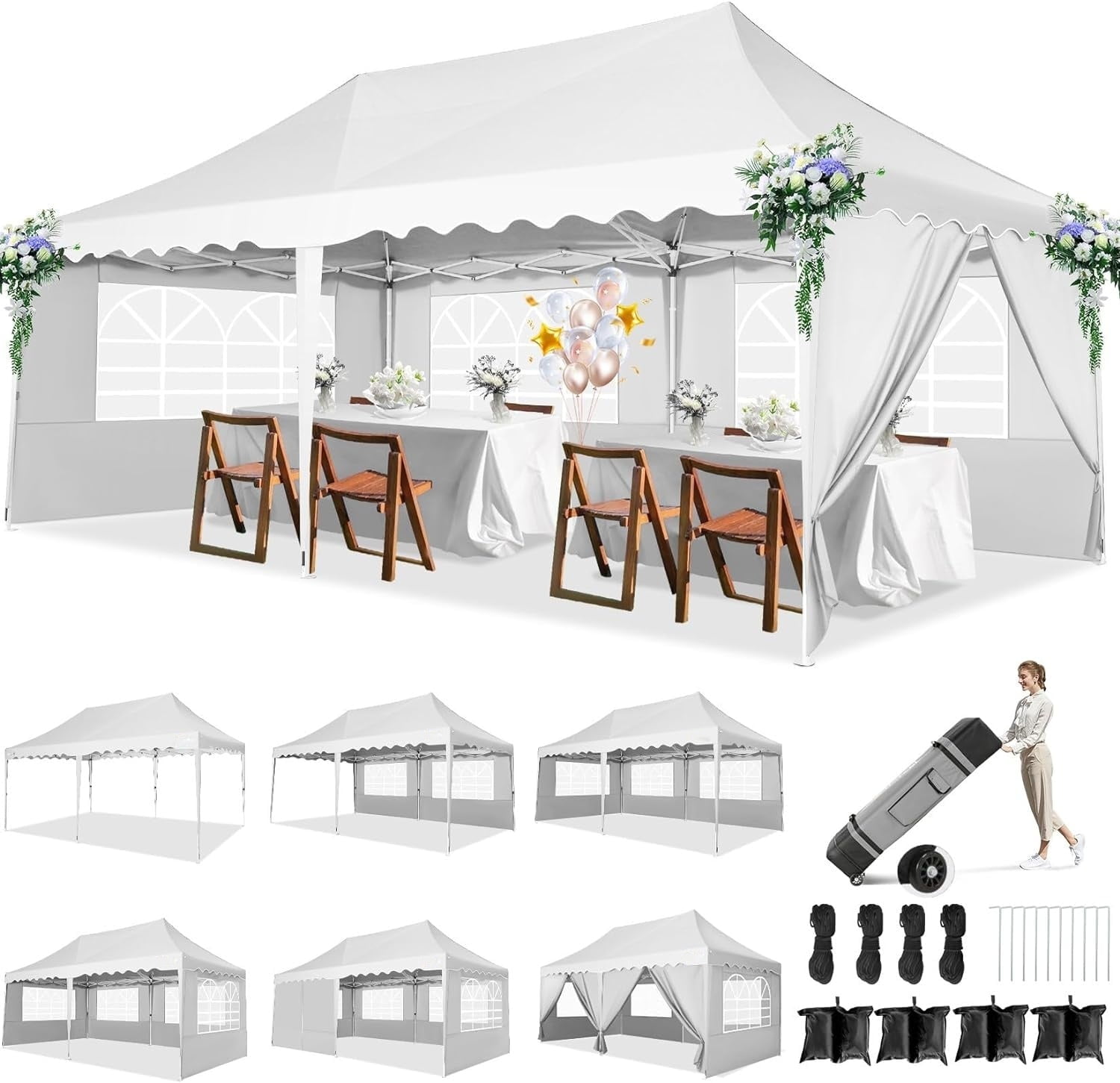 White 10' x 20' Alloy Steel Pop-Up Canopy Tent with Sidewalls