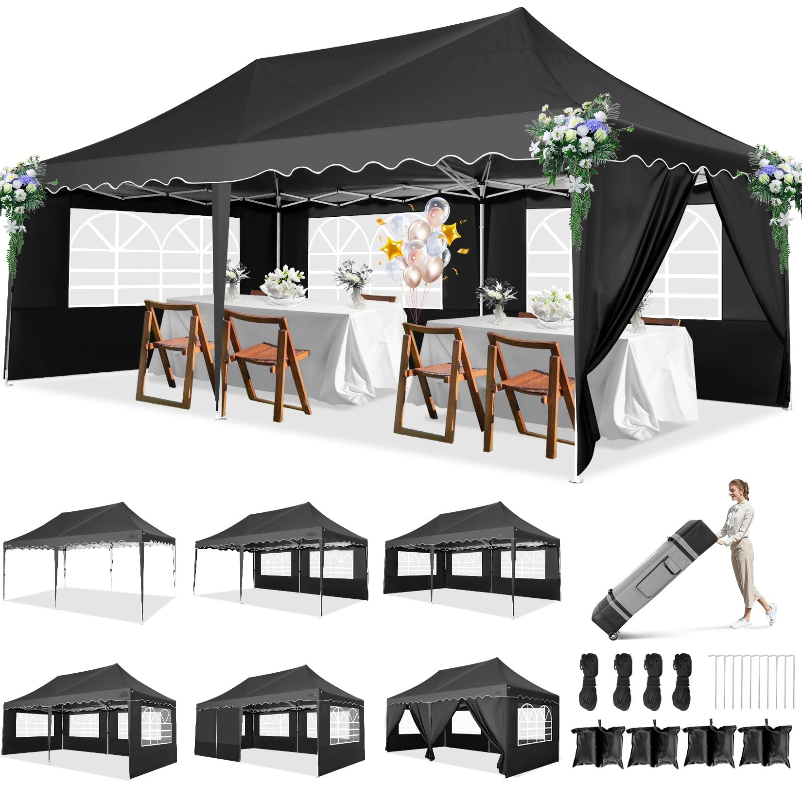 SANOPY 10 x20 Pop up Canopy Tent with 6 Removable Walls Instant Shelter for Patio Wedding Black Walmart