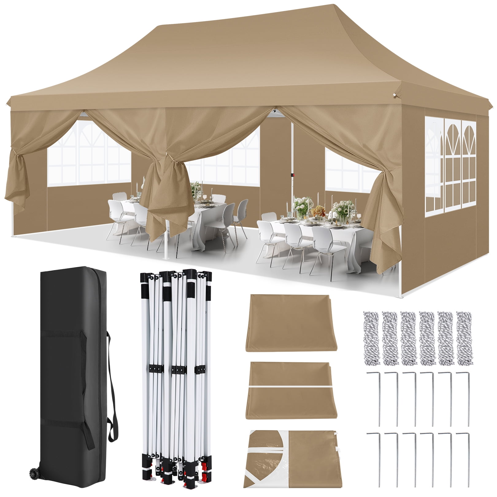 SANOPY 10' x 20' EZ Pop Up Canopy Tent Party Tent Outdoor Event Instant  Tent Gazebo with 6 Removable Sidewalls and Carry Bag, Khaki