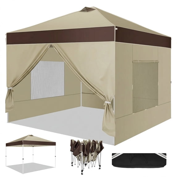 SANOPY 10' x 10' Pop Up Canopy Tent, 1-Push Center Lock, Air Vent, 6 Removable Sidewalls, Easy Up Instant Shelter for Outdoor Events, Parties, Weddings,Khaki