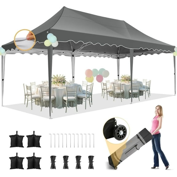 SANOPY 10' x 20' Pop Up Canopy Tent, Outdoor Waterproof Patio Gazebo with Carry Bag for Backyards & Camping, Gray