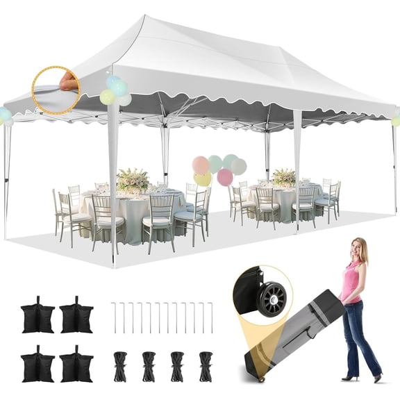 SANOPY 10' x 20' Pop up Canopy Party Tent with Wave Eave, Outdoor Waterproof Patio Gazebo Tent with Carry Bag, Backyards Camping Picnics, White