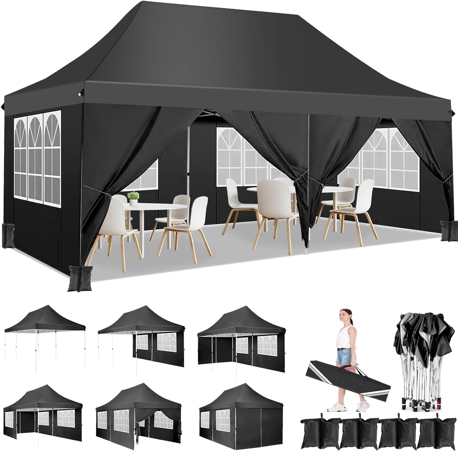 Black 10' x 20' Alloy Steel Outdoor Canopy Tent with Side Walls