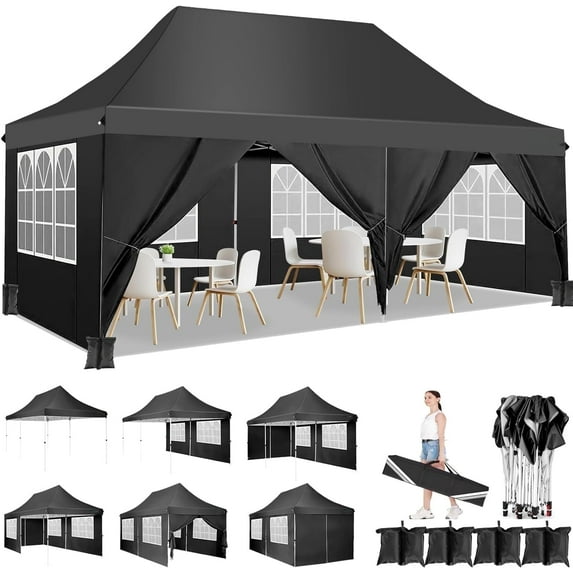 SANOPY 10' x 20' Pop up Canopy Tent, Adjustable Commercial Instant Outdoor Party Tent with 6 Removable Sidewalls, Carry Bag, Black