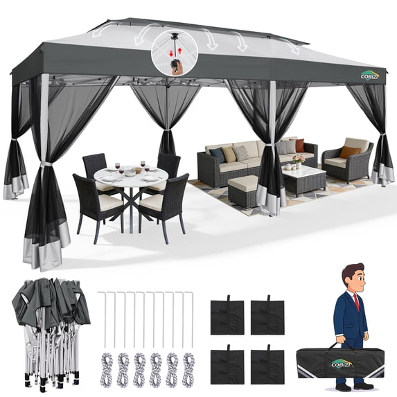 SANOPY 10 x 20 ft Pop up Gazebo with Ventilated Double Roof and Mosquito Net, Outdoor Patio Shelter Canopy for Patios, Backyard, Garden and Beach, Light Gray