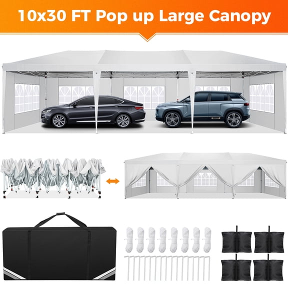 SANOPY 10 x 30 FT Pop Up Canopy, Large Commercial Wedding Canopy, Height Adjustable Waterproof Beach Canopy, Outdoor Instant Party Tent with 8 Removable Sidewalls, 4 Sandbags, Carrying Bag