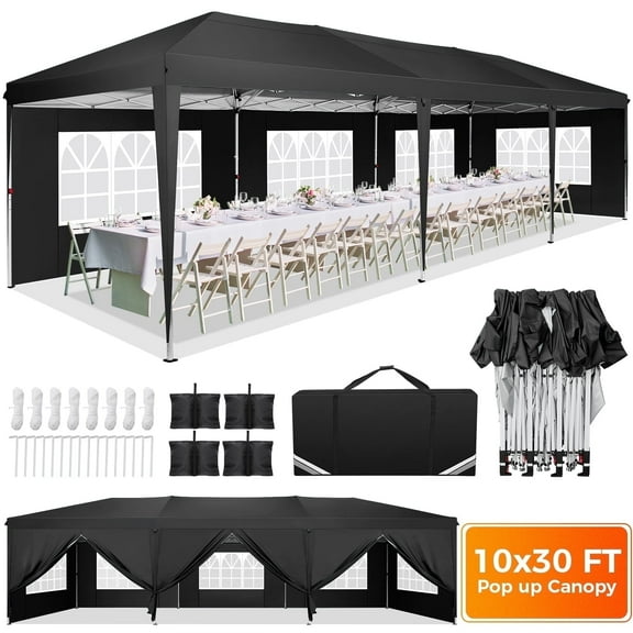 SANOPY 10 x 30 FT Pop Up Canopy, Large Commercial Wedding Canopy, Height Adjustable Waterproof Beach Canopy, Outdoor Instant Party Tent with 8 Removable Sidewalls, 4 Sandbags, Carrying Bag, Black
