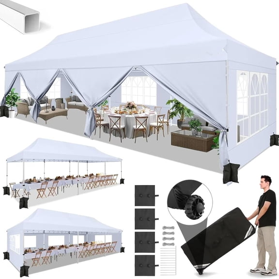 SANOPY 10 x 30 FT Pop Up Canopy, Large Commercial Wedding Canopy, Height Adjustable Waterproof Beach Canopy, Outdoor Instant Party Tent with 8 Removable Sidewalls, 4 Sandbags, Carrying Bag, White