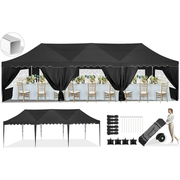 SANOPY 10' x 30' Heavy Duty Pop up Canopy Party Tent with 8 Removable Sidewalls, Wave Eave Outdoor Waterproof Patio Gazebo Tent with Carry Bag, Backyards Camping Picnics, Black