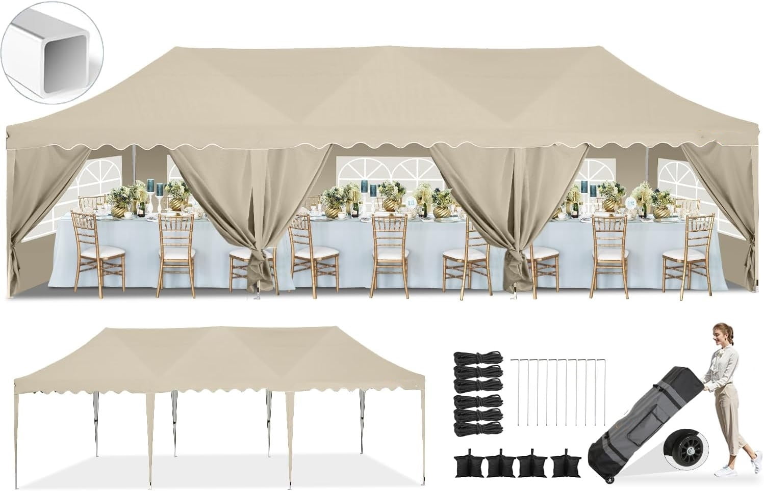SANOPY 10' x 30' Heavy Duty Pop up Canopy Party Tent with 8 Removable Sidewalls, Wave Eave Outdoor Waterproof Patio Gazebo Tent with Carry Bag, Backyards Camping Picnics, Khaki