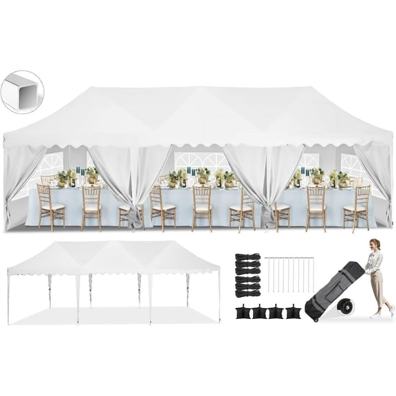 SANOPY 10' x 30' Heavy Duty Pop up Canopy Party Tent with 8 Removable Sidewalls, Wave Eave Outdoor Waterproof Patio Gazebo Tent with Carry Bag, Backyards Camping Picnics, White