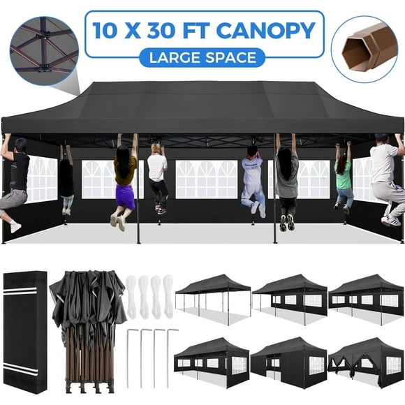 SANOPY 10' x 30' Pop Up Canopy, Heavy Duty Commercial Canopy, Waterproof Outdoor Party Tent, Instant Wedding Beach Canopy with 8 Removable Sidewalls, Carrying Bag, 4 Stakes & 4 Ropes, Black