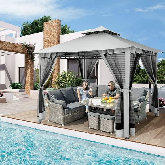 SANOPY 10'x10' Canopy Gazebo, Assembled Style Wrought Iron Gazebo Tent Can Accommodate 6-10 People with 4 Detachable Mosquito Net Side Walls for Garden, Yard, Beach