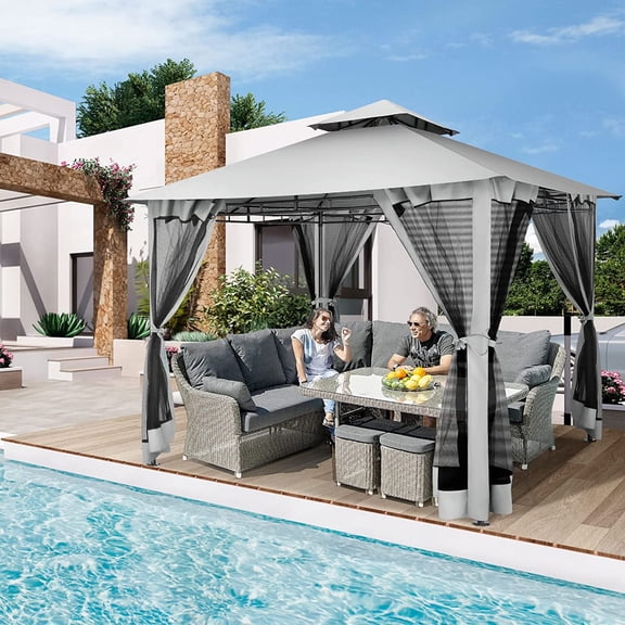 SANOPY 10'x10' Canopy Gazebo, Assembled Style Wrought Iron Gazebo Tent Can Accommodate 6-10 People with 4 Detachable Mosquito Net Side Walls for Garden, Yard, Beach