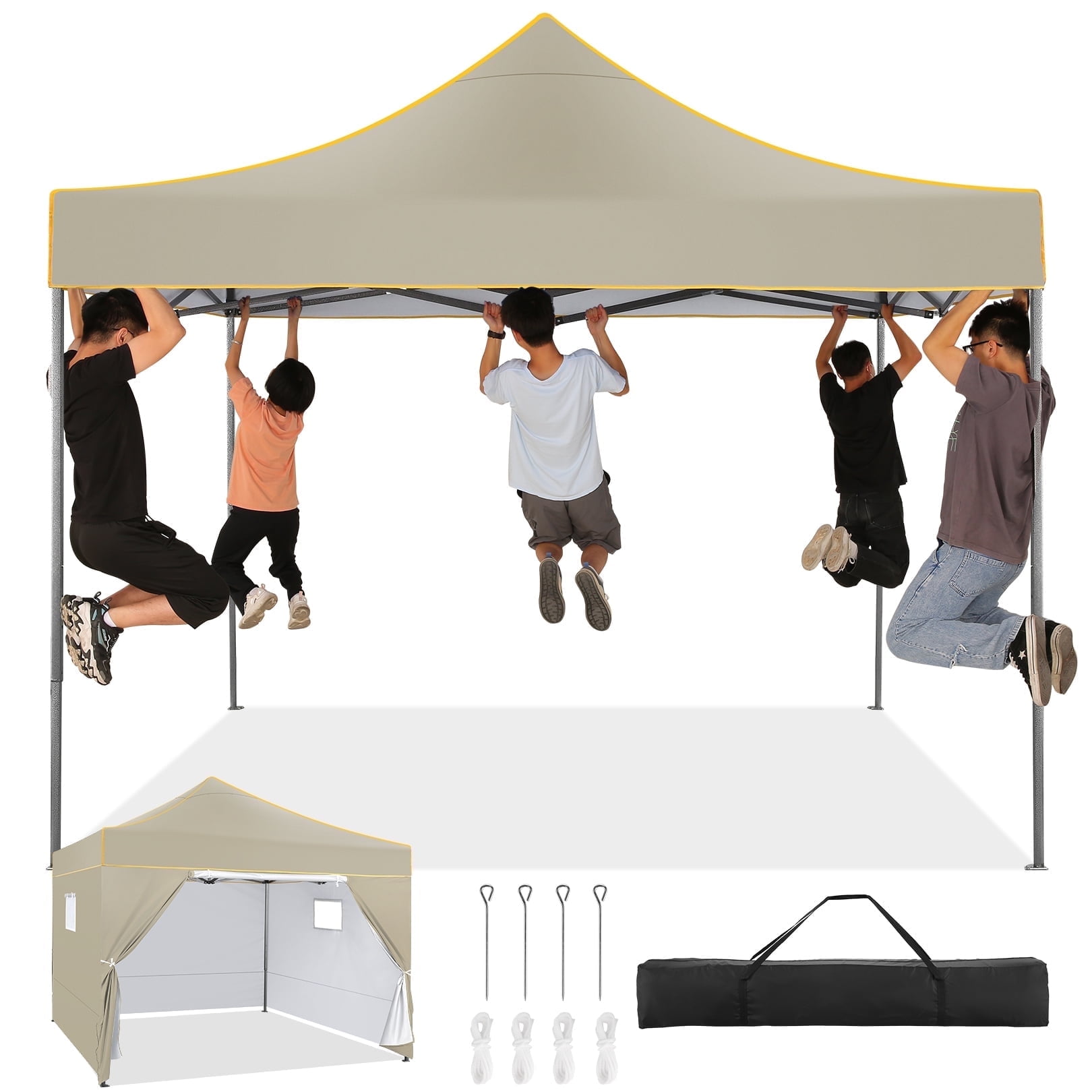 SANOPY 10'x10' Heavy Duty Pop up Canopy, Outdoor Shade Instant Commercial Canopy, Portable Folding Beach Canopy with 4 sidewalls, Khaki