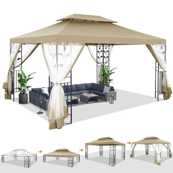 SANOPY 10'x13.3' Metal Patio Gazebo, Outdoor Gazebo Canopy Tent for Backyard with Mesh Curtains, Gazebos Shelter with Display Shelves, Steel Frame, Patio Covers for Tailgate