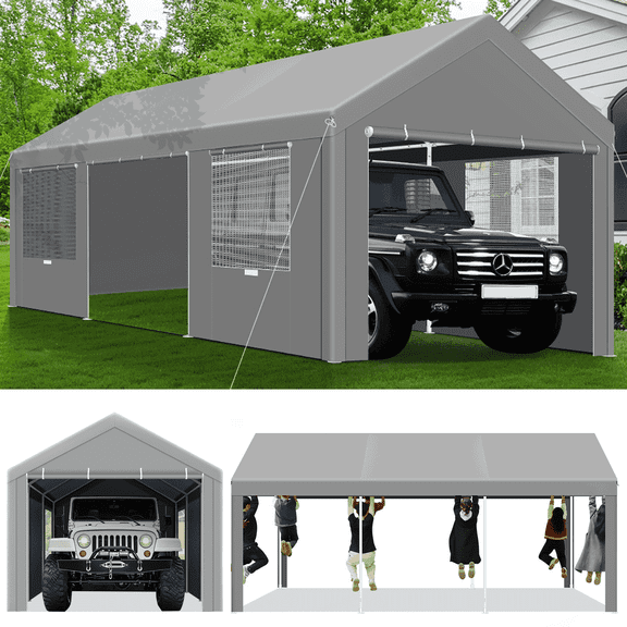 SANOPY 12'x20' Carport Car Canopy Tent Heavy Duty Outdoor Metal Carport Garage Shelter Shade with 4 Roll-up Ventilated Mesh Windows & 2 Roll-up Sidewalls for Car, Truck, Boat