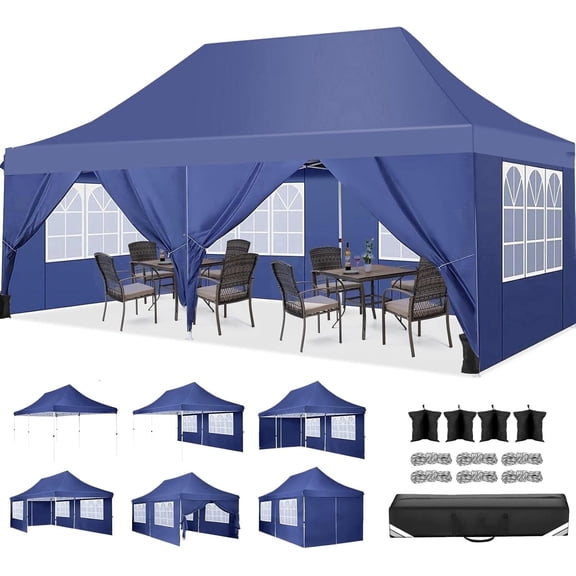 COBIZI 10'x20' Ez Pop up Canopy Party Tent with 6 Sidewalls, Waterproof and Sun Shelter Heavy Duty Canopy for Market with Carry Bag, Deep Blue