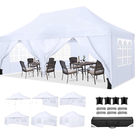 COBIZI 10'x20' Outdoor Pop up Canopy Tent with 6 Sidewalls, Waterproof and Sun Shelter Heavy Duty Canopy for Market with Carry Bag, White