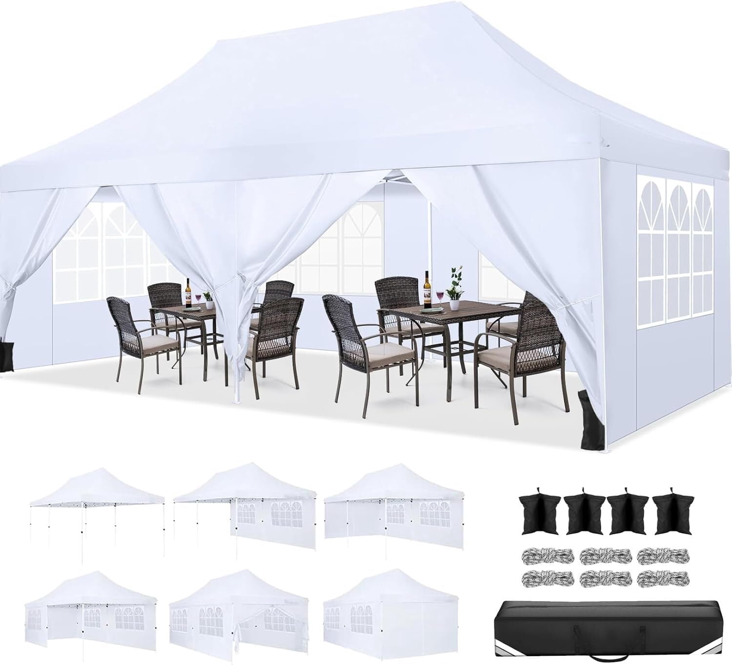SANOPY 10'x20' Ez Pop up Canopy Party Tent with 6 Sidewalls, Waterproof and Sun Shelter Heavy Duty Canopy for Market with Carry Bag, White