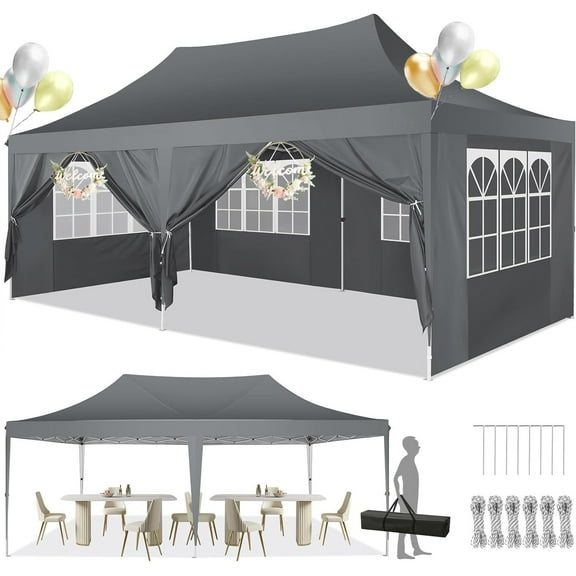 SANOPY 10'x20' Ez Pop up Canopy Party Tent with 6 Sidewalls, Waterproof and Sun Shelter Heavy Duty Canopy for Market with Carry Bag, Gray