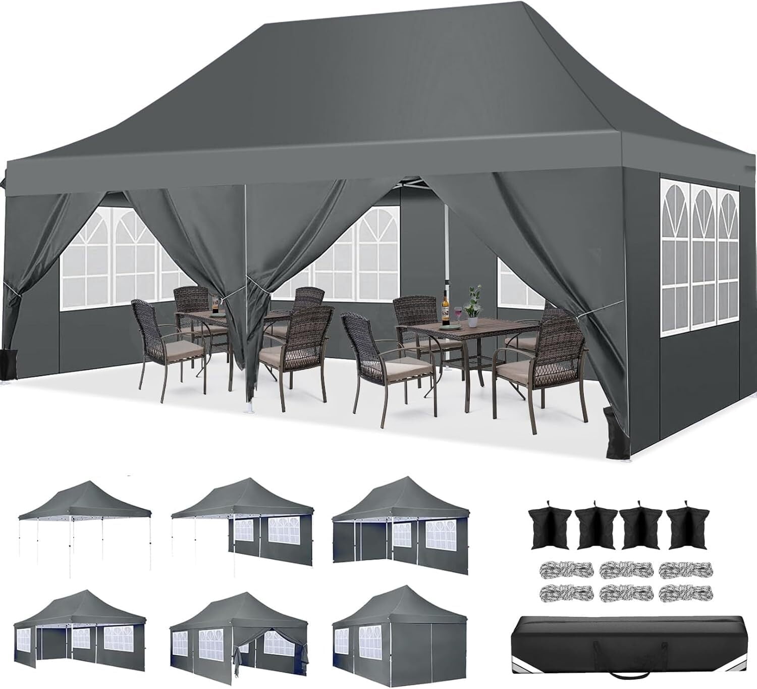SANOPY 10'x20' Ez Pop up Canopy Party Tent with 6 Sidewalls, Waterproof and Sun Shelter Heavy Duty Canopy for Market with Carry Bag, Gray