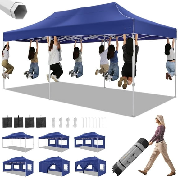 SANOPY 10' x 20' Heavy Duty Pop up Canopy with 6 Removable Sidewalls, Outdoor Waterproof & Party Wedding Gazebo with Roller Bag, 4 Sandbag, Deep Blue