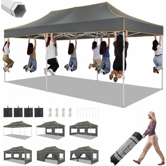 SANOPY 10' x 20' Heavy Duty Pop up Canopy with 6 Removable Sidewalls, Outdoor Waterproof & Party Wedding Gazebo with Roller Bag, 4 Sandbag, Gray