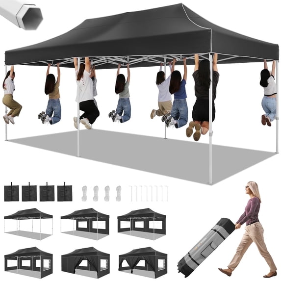 SANOPY 10' x 20' Heavy Duty Pop up Canopy with 6 Removable Sidewalls, Outdoor Waterproof & Party Wedding Gazebo with Roller Bag, 4 Sandbag, Black