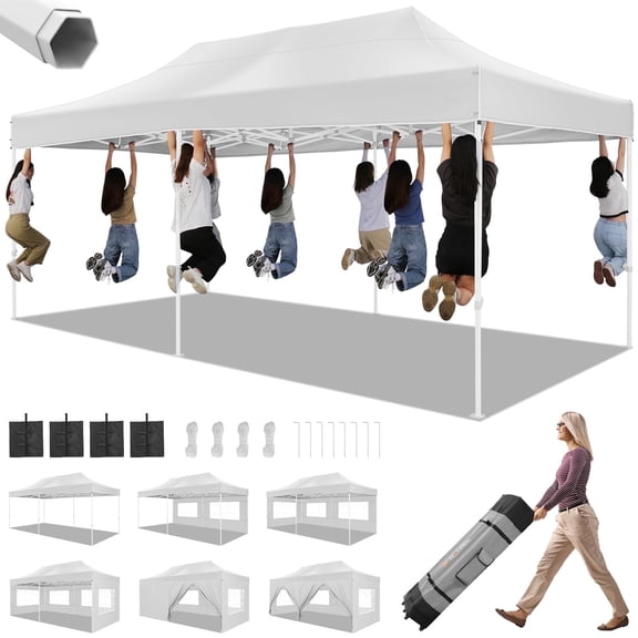 SANOPY 10' x 20' Heavy Duty Pop up Canopy with 6 Removable Sidewalls, Outdoor Waterproof & Party Wedding Gazebo with Roller Bag, 4 Sandbag, White