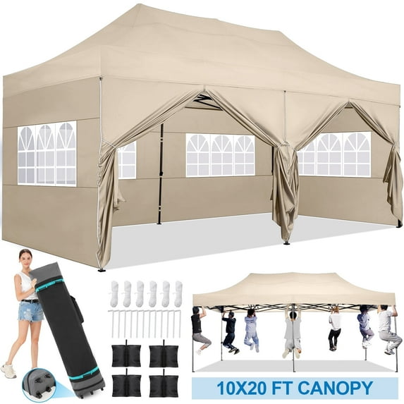 SANOPY 10'x20' Pop Up Canopy Waterproof Folding Tent Outdoor Easy Set-up Instant Tent Heavy Duty Commercial Wedding Party Shelter with 6 Removable Sidewalls, 4 Sandbags, Roller Bag, Khaki