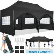 SANOPY 10'x20' Pop Up Canopy Waterproof Folding Tent Outdoor Easy Set-up Instant Tent Heavy Duty Commercial Wedding Party Shelter with 6 Removable Sidewalls, 4 Sandbags, Roller Bag, Black