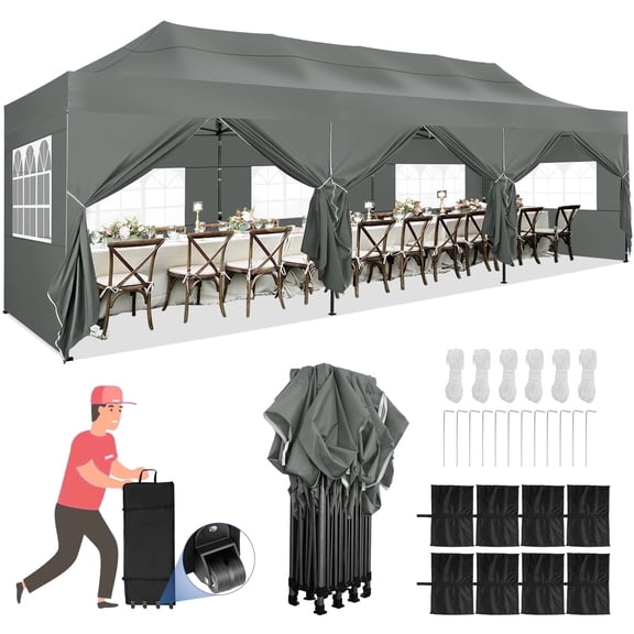 SANOPY 10x30 FT Heavy Duty Pop up Canopy , Commercial Canopy Tent, Adjustable Height Party Tent with 8 Removable Sidewalls, 4 Sandbags, Roller Bag, Khaki